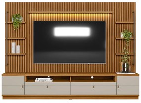 Painel para TV até 75 Polegadas Ripado Betina com Rack Bancada e Módulos Laterais Nature e Off White 268x198 cm L04 - D'Rossi