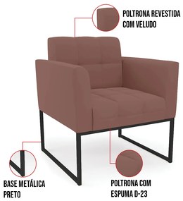 Kit 1 Sofá Namoradeira e 1 Poltrona Elisa Veludo Rosê Base Metálica Industrial Preto D03 - D'Rossi
