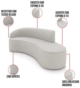 Sofá 4 Lugares Orgânico 220cm Morgan e 2 Poltronas Lua Veludo D03 - D'Rossi - Cinza