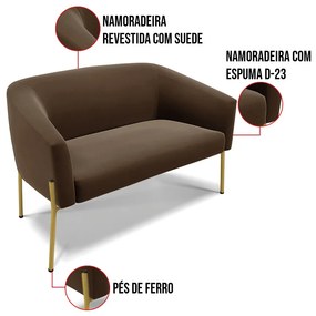 Sofá 2 Lugares Namoradeira Pé de Ferro Dourado Stella Suede D03 - D'Rossi - Marrom