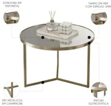 Mesa de Centro Redonda Alta Pé Metal Thor Espelho/Champagne E05 - Mpoz
