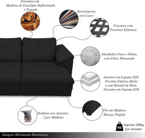Sofá Retrátil Manual Sala de Estar Nolan Bipartido 379cm Conforto Premium em Couro Preto G58 - Gran Belo