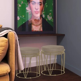 Kit 2 Puffs Decorativo Sala de Estar Base Gold Chloe Suede Cappuccino G41 - Gran Belo