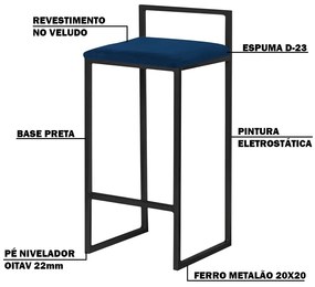 Kit 2 Banquetas Decorativa Jasmine Base Preto Veludo Azul G41 - Gran Belo