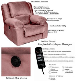 Poltrona do Papai Reclinável Elétrica com Massagem Magnum Veludo Rosê G23 - Gran Belo