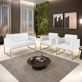 Kit 1 Sofá Namoradeira e 2 Poltronas Elisa Corino Branco Base Metálica Industrial Dourado - D'Rossi