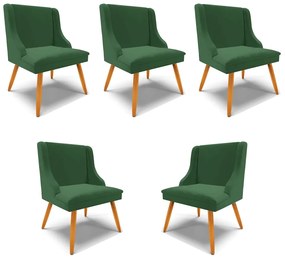 Kit 5 Cadeiras Decorativas Sala de Jantar Pés Palito de Madeira Firenze Veludo Verde/Natural G19 - Gran Belo