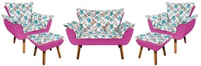 Kit 01 Namoradeira com 02 Poltronas e 02 Puffs Opala Composê Suede com Estampado Traçado Azul D33 Pés Palito Castanho - Pink