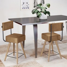 Banqueta Baixa Cozinha 50cm Encosto Pé Madeira Kit 2 Barcelona Pu S02 - D'Rossi - Caramelo