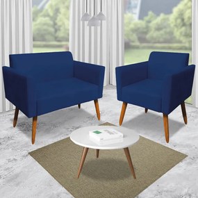 Conjunto Namoradeira e 2 Poltronas Decorativas Isabella Pés Palito Madeira Suede Azul Marinho G19 - Gran Belo