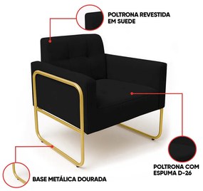 Poltrona Sala Industrial Alta Tubo Dourado Elisa Suede D03 - D'Rossi - Preto