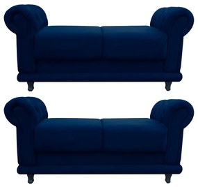 Kit 02 Recamier Barcelona Namoradeira Calçadeira Suede D'Rossi - Azul Marinho