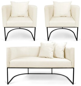 Kit 01 Namoradeira 02 Lugares e 02 Poltronas Paola Linho Base Metálica Preto D03 - D'Rossi - A19 Grosso Bege