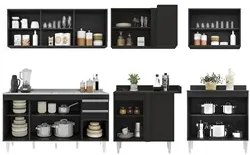 Armário de Cozinha Modulado de Canto 6 Peças CP33 com Pia Inox Preto -