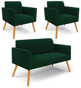 Namoradeira e 2 Poltronas Pé Palito Castanho Marisa Bouclê - Verde