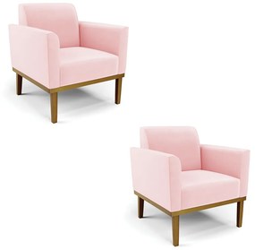 Kit 2 Poltronas Decorativas Isabella Pés Fixo em Madeira Castanho Suede Rosa Bebê G19 - Gran Belo