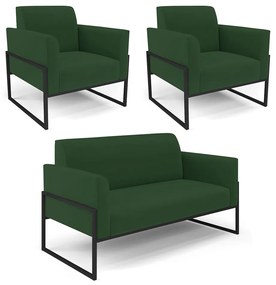 Sofá Namoradeira com 2 Poltronas Base Industrial Alta Preto Marisa Veludo D03 - D'Rossi - Verde
