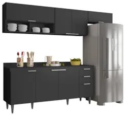 Armário de Cozinha Com Tampo CP03 250cm Pérola Preto Z34      - Mpozen