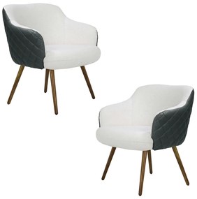 Kit 2 Poltronas Decorativas Kitana Pés Palito PU Sintético/Linho Cinza/Branco G15 - Gran Belo
