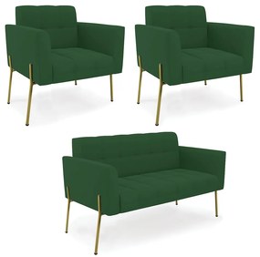 Sofá Namoradeira e 2 Poltronas Pé de Ferro Dourado Elisa Veludo D03 - D'Rossi - Verde