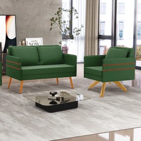 Kit 01 Namoradeira 02 Lugares e 01 Poltrona Mari Suede Base de Madeira MA30 - D'Rossi - Verde