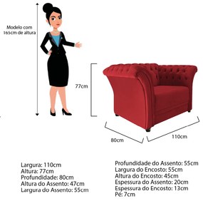 Poltrona Decorativa Chesterfield Sofia Suede Vermelho - ADJ Decor