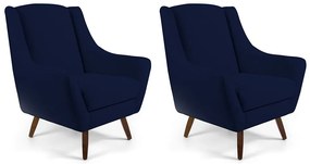 Kit 02 Poltronas Decorativas Sala de Estar Pés de Madeira Naomi Veludo Azul Marinho G15 - Gran Belo