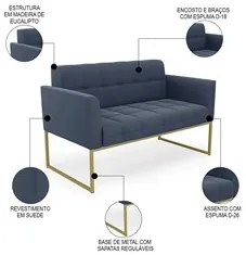 Sofá Namoradeira Base Industrial Dourado Ana Suede Azul Marinho - Ibiz
