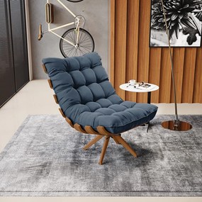 Poltrona Giratória Costela Suede Azul Marinho Base de Madeira MA30 M11 - D'Rossi