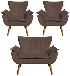 Kit Namoradeira 2 Lugares e 2 Poltronas Decorativas Pés Palito Opla Su