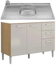 Balcão de Cozinha com Pia Inox 120cm 3 Portas 2 Gavetas Livy Z46 Damas