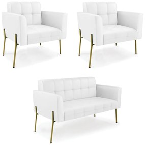 Sofá Namoradeira e 2 Poltronas Pé de Ferro Dourado Elisa Corino D03 - D'Rossi - Branco