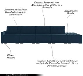 Sofá Ilha Modulado Milos 432cm Puff Lateral Veludo Azul Marinho G33 - Gran Belo