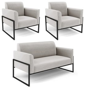 Sofá Namoradeira com 2 Poltronas Base Industrial Alta Preto Marisa Veludo D03 - DRossi - Cinza