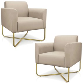 Kit 2 Poltronas Decorativas Isabella Base X Suede Bege/Dourado G19 - Gran Belo