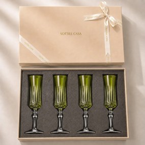 Kit 4 Taças de Cristal Flauta Lapidado 66 p/ Champanhe c/ Caixa de Presente - Verde Claro Verde Claro