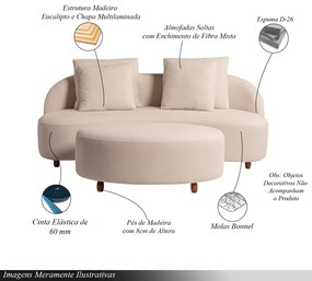Sofá Living Sala de Estar Rocca 212cm com Puff Pés Madeira Linho Rústico Nude G92 - Gran Belo