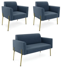 Sofá Namoradeira e 2 Poltronas Pé de Ferro Dourado Marisa Suede D03 - D'Rossi - Azul Marinho