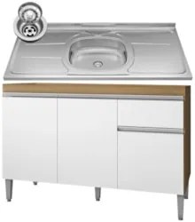 Balcão de Cozinha com Pia Inox 120cm Tatiane Amêndoa/Branco - AJL Móve