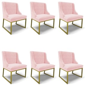 Cadeira Sala de Jantar Industrial Dourado Kit 6 Liz Suede D03 - D'Rossi - Rosa Bebê