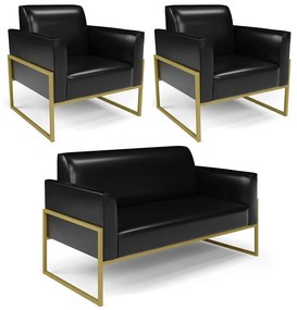 Sofá Namoradeira com 2 Poltronas Base Industrial Alta Dourado Marisa Corano D03 - D'Rossi - Preto