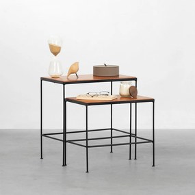 Conjunto com 2 Mesas Laterais Giba Preto e Nozes - Conjunto com 2 Mesas Laterais Giba - Preto e Nozes