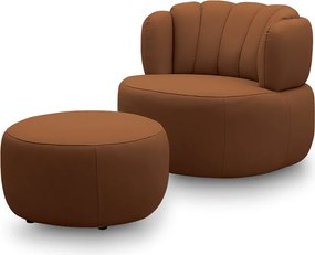 Conjunto Sala de estar Decorativo Mariele Poltrona Base Giratória em Aço com Puff Couro Conhaque G88 - Gran Belo