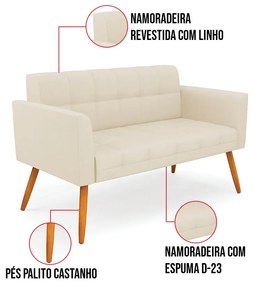Kit 1 Sofá Namoradeira e 2 Poltronas Elisa Linho Pés Palito Castanho D03 - D'Rossi - A19 Bege