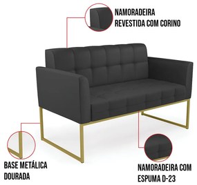 Kit 1 Sofá Namoradeira e 2 Poltronas Elisa Corino Base Metálica Industrial Dourado D03 - D'Rossi - Preto