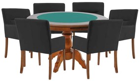 Mesa de Jogos Carteado Redonda Montreal Tampo Reversível Amêndoa com 6 Cadeiras Vicenza Preto Fosco G36 G15 - Gran Belo