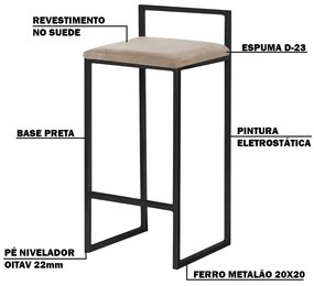 Kit 2 Banquetas Decorativa Jasmine Base Preto Suede Cappuccino G41 - Gran Belo