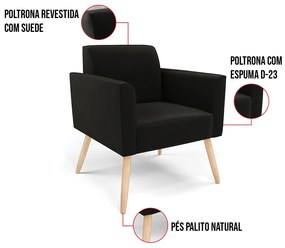 Poltrona Pés Palito Natural Marisa Suede - Preto