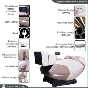 Poltrona de Massagem Reclinação Gravidade Zero Elétrica 3D Marvin Tela LCD com Óculos Massageador de Brinde PU Bege G94 - Gran Belo