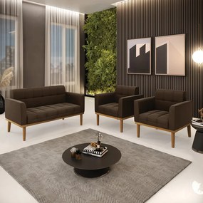 Namoradeira com 2 Poltronas Base de Madeira Castanho Elisa Suede D03 - D'Rossi - Marrom